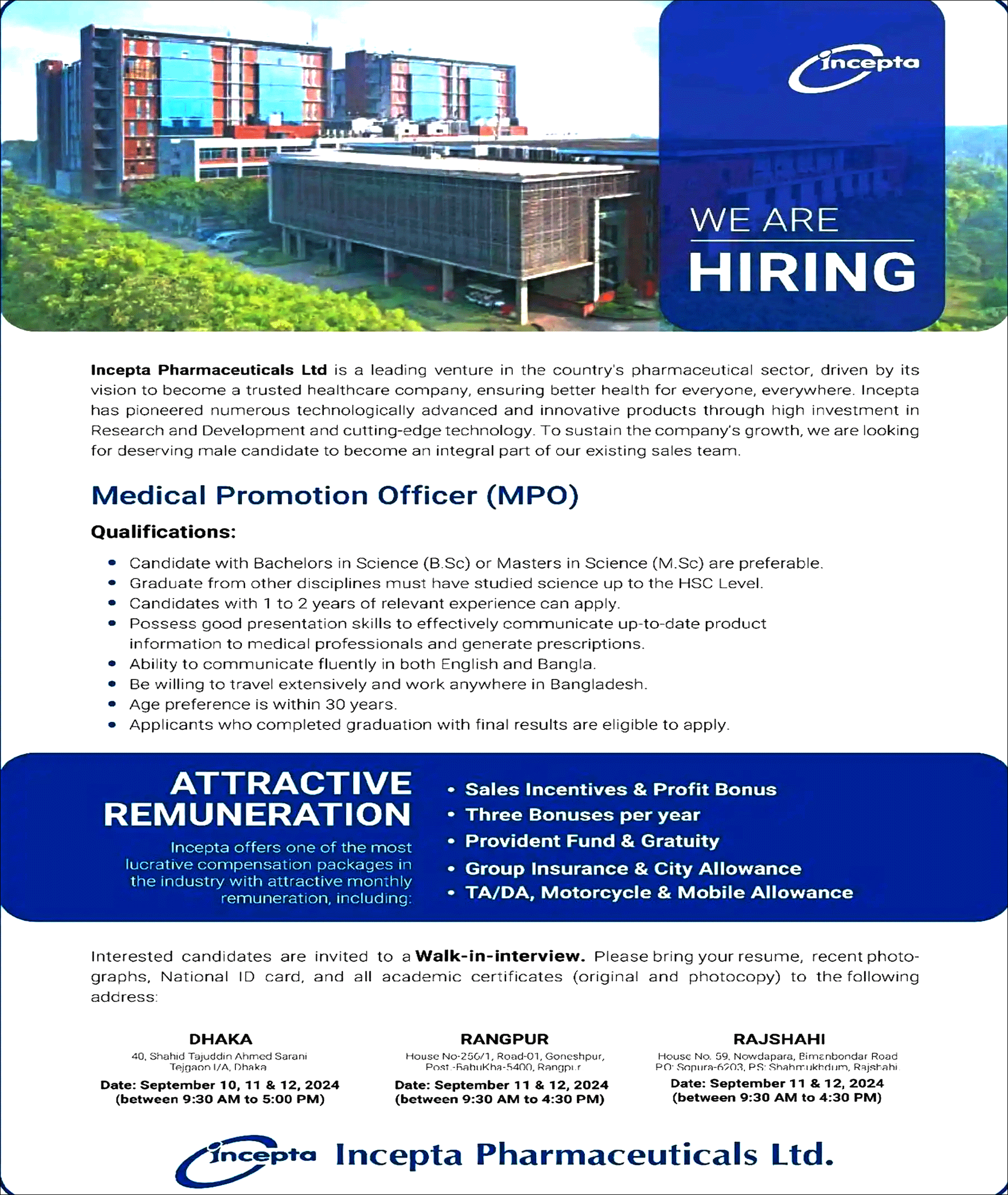 Incepta Pharmaceuticals Job Circular 2024