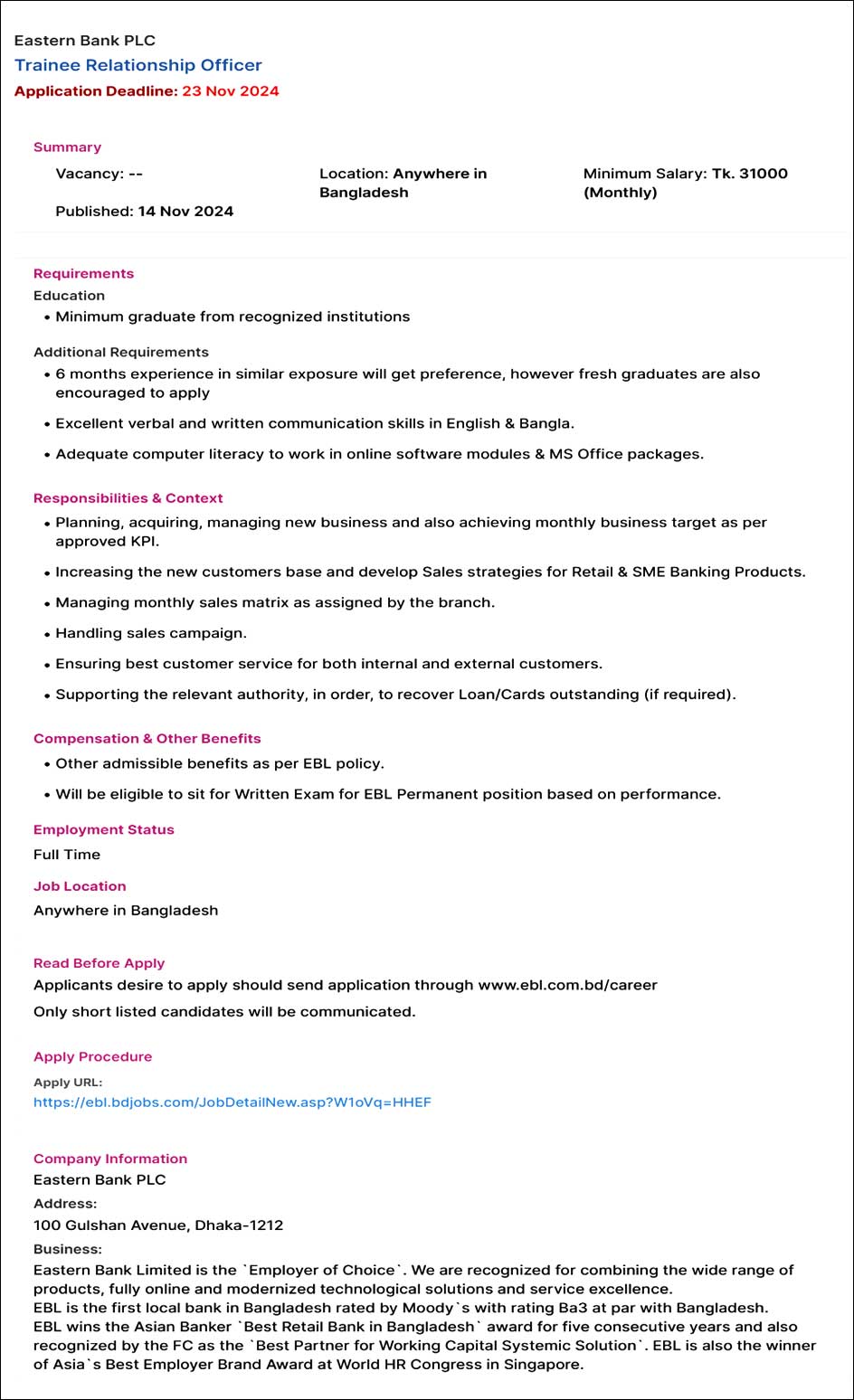 EBL Job Circular 2024